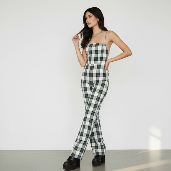 Plaid Cutout Jumpsuit - turquoise & White - Picture 3 of 3